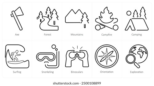 A set of 10 adventure icons as axe, forest, mountains