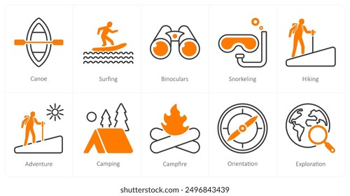 A set of 10 Adventure icons as canoe, surfing, binoculars