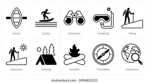 A set of 10 Adventure icons as canoe, surfing, binoculars