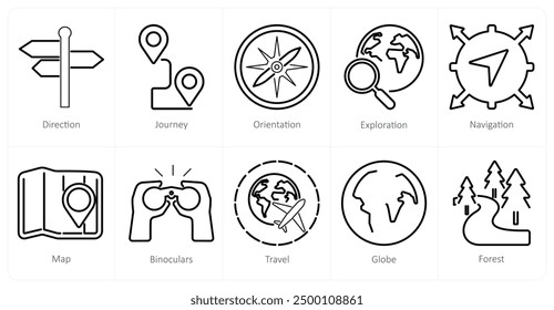 A set of 10 adventure icons as direction, journey, orientation