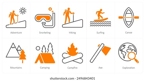 A set of 10 Adventure icons as adventure, snorkeling, hiking