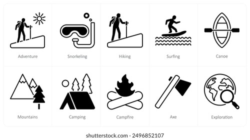 A set of 10 Adventure icons as adventure, snorkeling, hiking