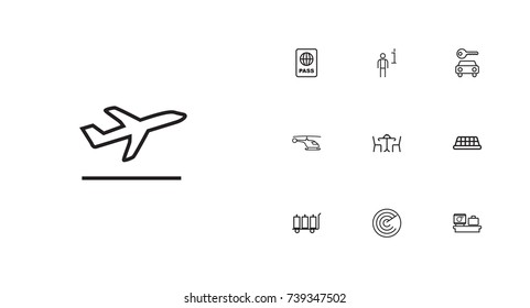 Set Of 10 Aircraft Outline Icons Set.Collection Of Flight, Luggage Trolley, Luggage Check And Other Elements.