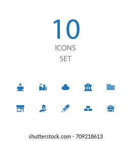 Set Of 10 Architecture Icons Set.Collection Of Hardhat, Farm, Store And Other Elements.