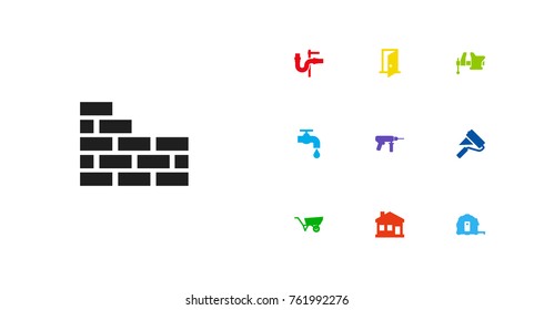 Set Of 10 Architecture Icons Set.Collection Of Pushcart, Clamp, Paint Roller And Other Elements.