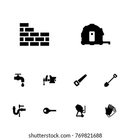Set Of 10 Architecture Icons Set.Collection Of Cement Machine, Brick Wall, Gauntlet And Other Elements.