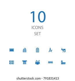 Set Of 10 Architecture Icons Set.Collection Of Panel House, Bridge, Skyscraper And Other Elements.