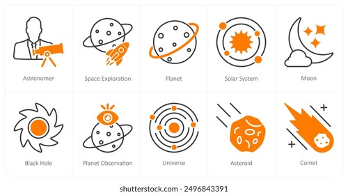 A set of 10 Astronomy icons as astronomer, space exploration, planet