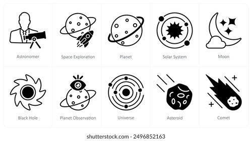 A set of 10 Astronomy icons as astronomer, space exploration, planet