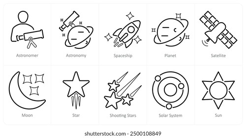 A set of 10 astronomy icons as astronomer, astronomy, spaceship