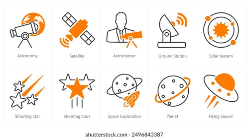 A set of 10 Astronomy icons as astronomy, satellite, astronomer