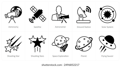 A set of 10 Astronomy icons as astronomy, satellite, astronomer