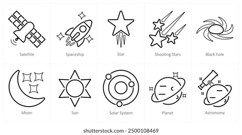 A set of 10 astronomy icons as satellite, spaceship, star