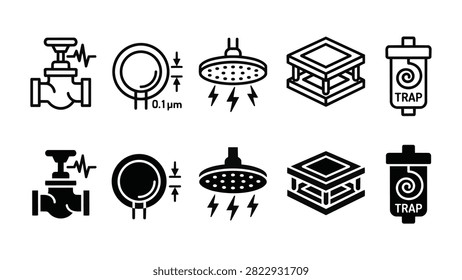 Set of 10 atomic layer deposition icons featuring fast pulse valve, substrate chamber, and showerhead inlet vector elements
