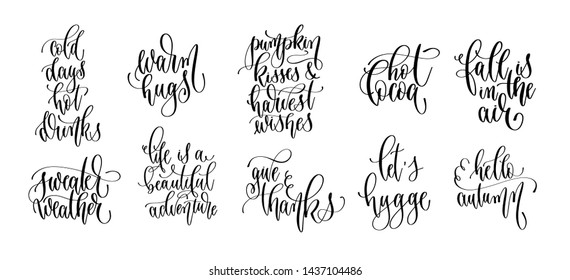 set of 10 autumn quotes, hand lettering inscription text, fall calligraphy collection, vector illustration