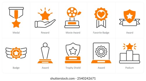 A set of 10 award icons as medal, reward, movie award, favorite badge