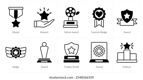 A set of 10 award icons as medal, reward, movie award, favorite badge