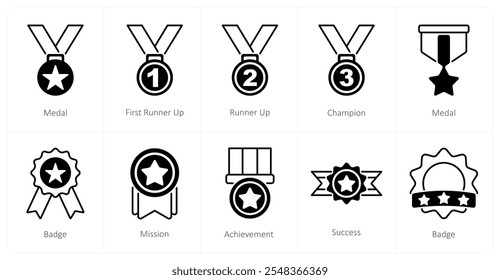 A set of 10 award icons as medal, first runner up, runner up