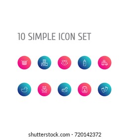 Set Of 10 Baby Outline Icons Set.Collection Of Alphabet Cubes, Bib, Drum And Other Elements.