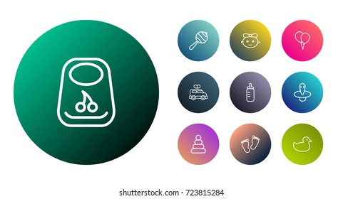 Set Of 10 Baby Outline Icons Set.Collection Of Footprints, Clockwork Car, Baby And Other Elements.