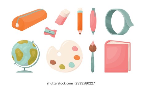 Set of 10 Back to School Illustrations. Pencil case, pencil, eraser, sharpener, pen, scotch tape, globe, palette with paints, bruch and binder (book or notebook)