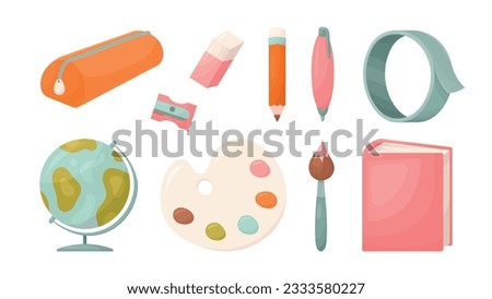 Set of 10 Back to School Illustrations. Pencil case, pencil, eraser, sharpener, pen, scotch tape, globe, palette with paints, bruch and binder (book or notebook)