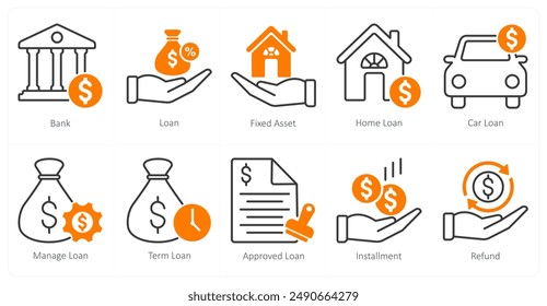 A set of 10 banking icons as bank, loan, fixed asset