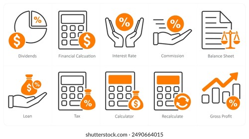 A set of 10 banking icons as dividends, financial calculation, interest rate