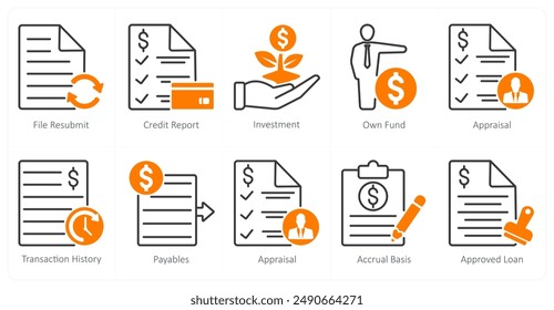A set of 10 banking icons as file resubmit, credit report, investment