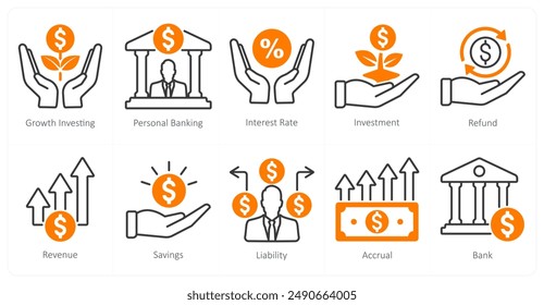 A set of 10 banking icons as growth investing, personal banking, interest rate