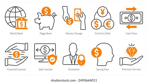 A set of 10 banking icons as world bank, piggy bank, money change