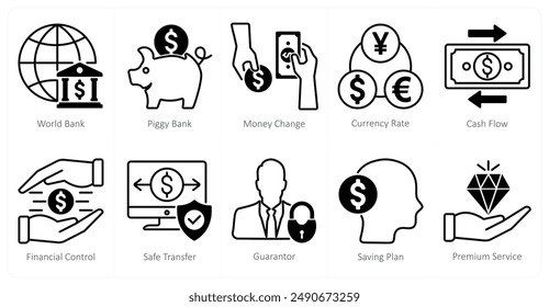 A set of 10 banking icons as world bank, piggy bank, money change