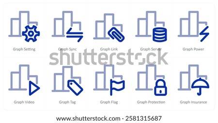 A set of 10 bar graph icons as graph setting, graph sync, graph link