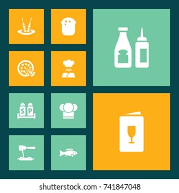 Set Of 10 Bar Icons Set.Collection Of Condiments, Chef, Baguette And Other Elements.