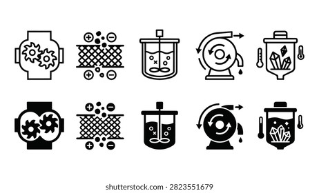 Set of 10 battery recycling icons showing shredder gear, mesh screen, leaching tank, and crystal vessel vector