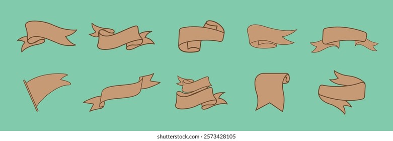 Set of 10 beige ribbons on a green background. Ribbons in various shapes, styles, and sizes. Decorative ribbons for design and crafting projects. Ribbon banner vector set.