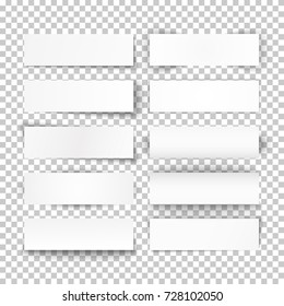 Set of 10 bended white paper banners on transparent background. Vector illustration.