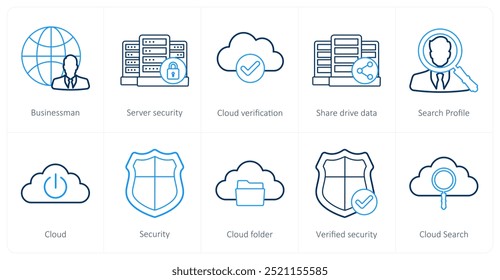 Ein Satz von 10 Big-Data-Symbolen als Geschäftsmann, Server-Sicherheit, Cloud-Verifizierung