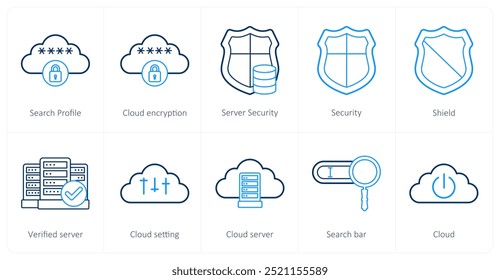 A set of 10 big data icons as server profile, cloud encryption, server security