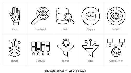 Un conjunto de 10 iconos de Big Data como mano, búsqueda de datos, auditoría