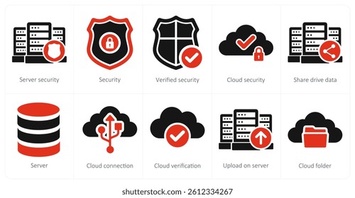 A set of 10 big data icons as server security, security, verified security