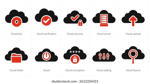 A set of 10 big data icons as cloud disc, cloud verification, cloud security