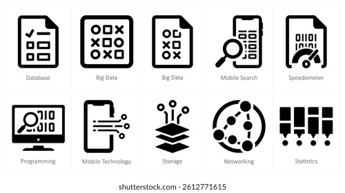 A set of 10 Big Data icons as database, big data, mobile search