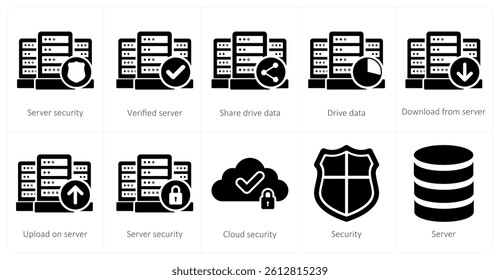 A set of 10 big data icons as server security, verified server, share drive data
