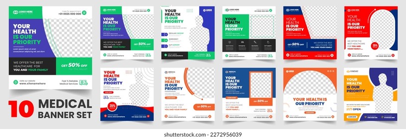 set of 10 big mega collection bundle Medical healthcare Social Media Post banner Template, Medical Healthcare Social Media Banner Template set, doctor medical healthcare social media post bundle.