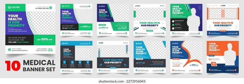 set of 10 big mega collection bundle Medical healthcare Social Media Post banner Template, Medical Healthcare Social Media Banner Template set, doctor medical healthcare social media post bundle.