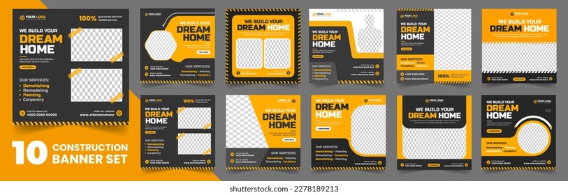 set of 10 big mega collection bundle building Construction, home improvement, home repair social media post banner design Template with yellow color, Corporate construction tools banner design.