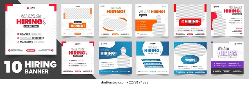 set of 10 big mega collection We are hiring job vacancy social media post banner design template. We are hiring job vacancy square web banner design bundle. hiring banner set.