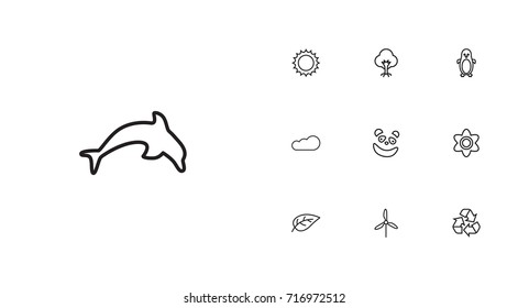 Set Of 10 Bio Outline Icons Set.Collection Of Wood, Dolphin, Electric Mill And Other Elements.