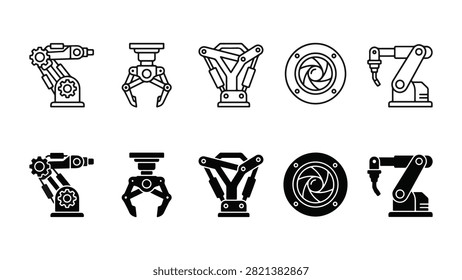 Set of 10 bionic engineering icons featuring articulated robot arm, mechanical claw, delta robot, and joint actuator vectors